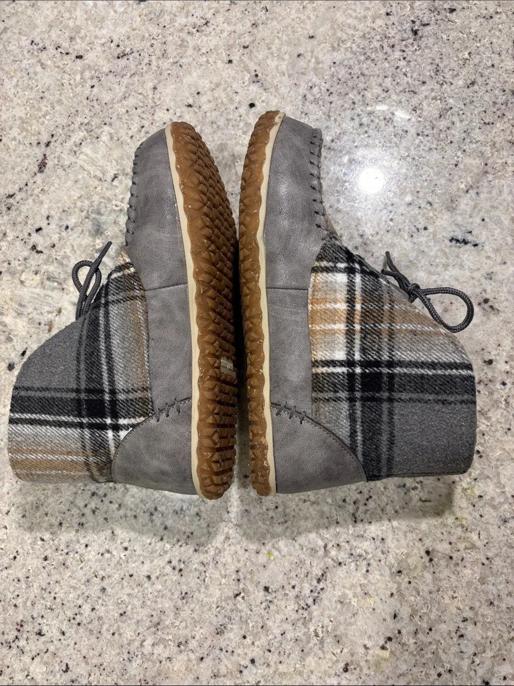 Minnetonka Plaid Faux-Fur Lined Ankle Moccasins in Gray and Tan